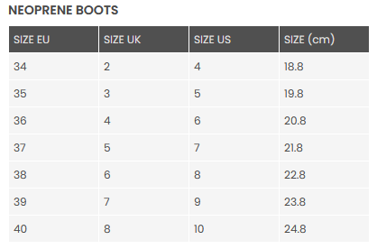 Roxy Neoprene Boots 0 Size Chart